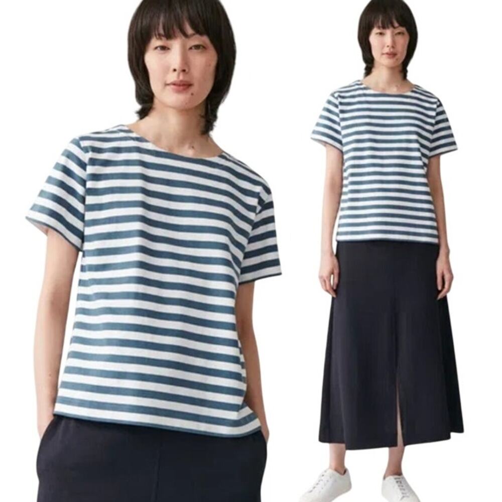 COS Short Sleeve Round Neck T-Shirt Striped Cotton White Blue Women's Size Large